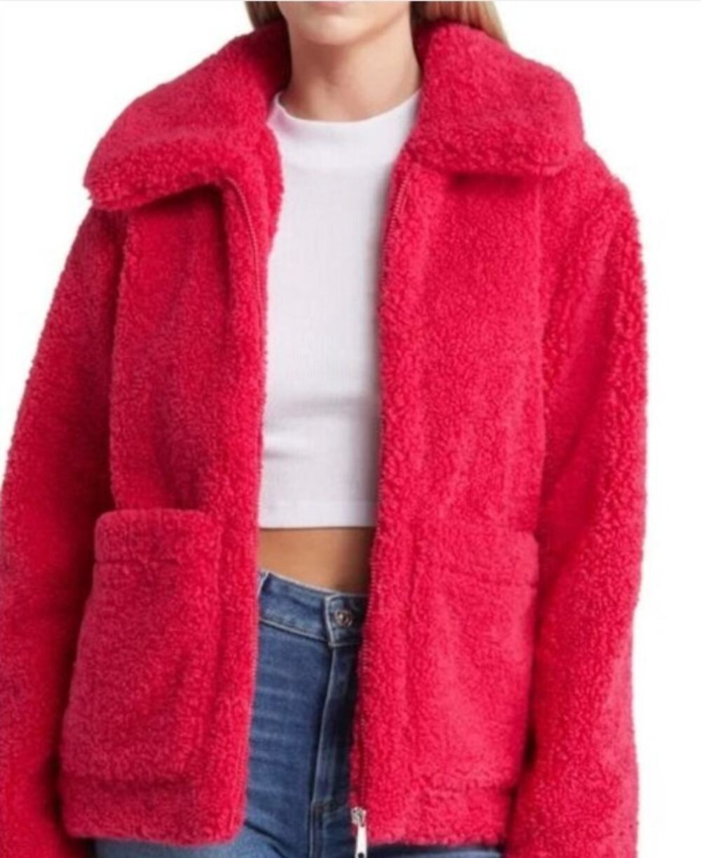 Sam Edelman Short Front Zip Teddy Coat Patch Pockets Hot Pink Faux Fur Small NWT